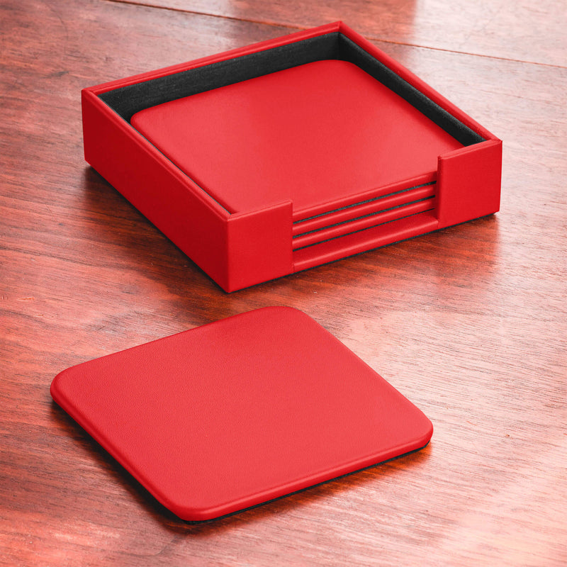 Red Leather 4 Square Coaster Set w/ Holder