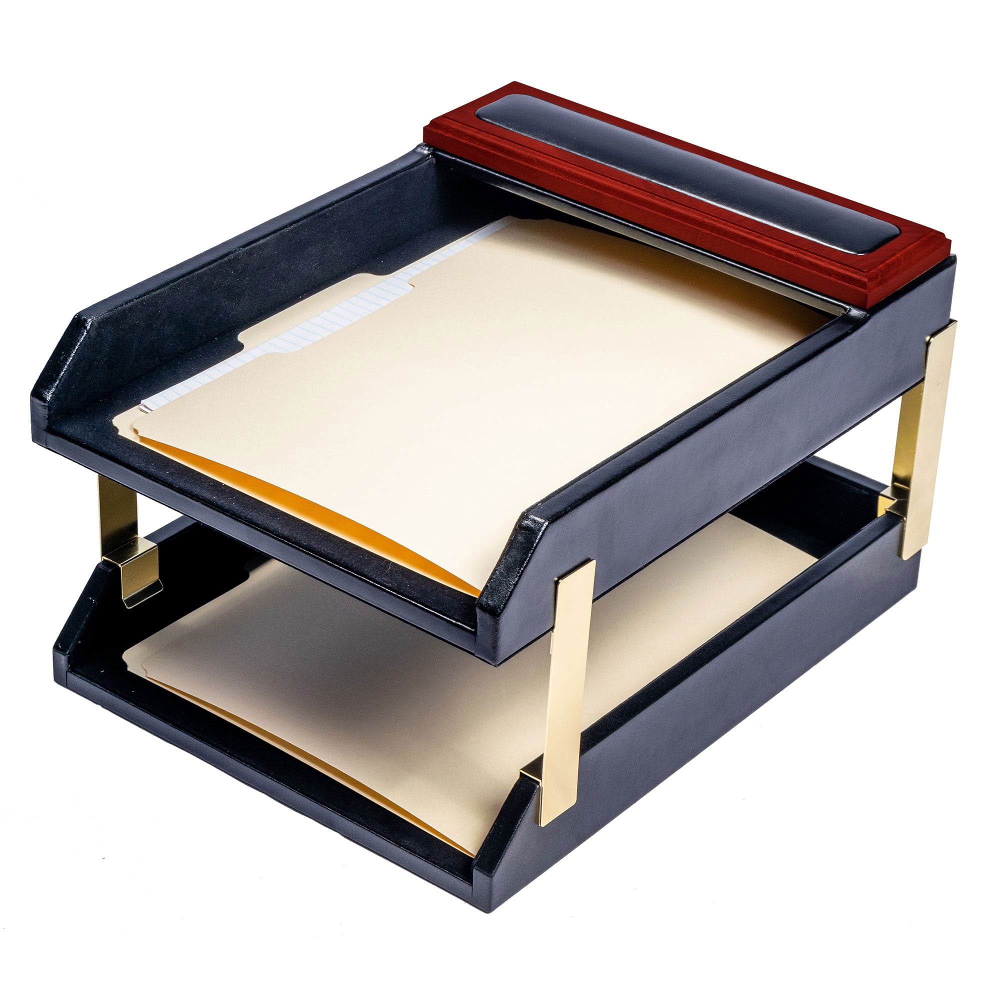 Mahogany (Rosewood) & Black Leather Double Letter Tray Stacking Set, Gold