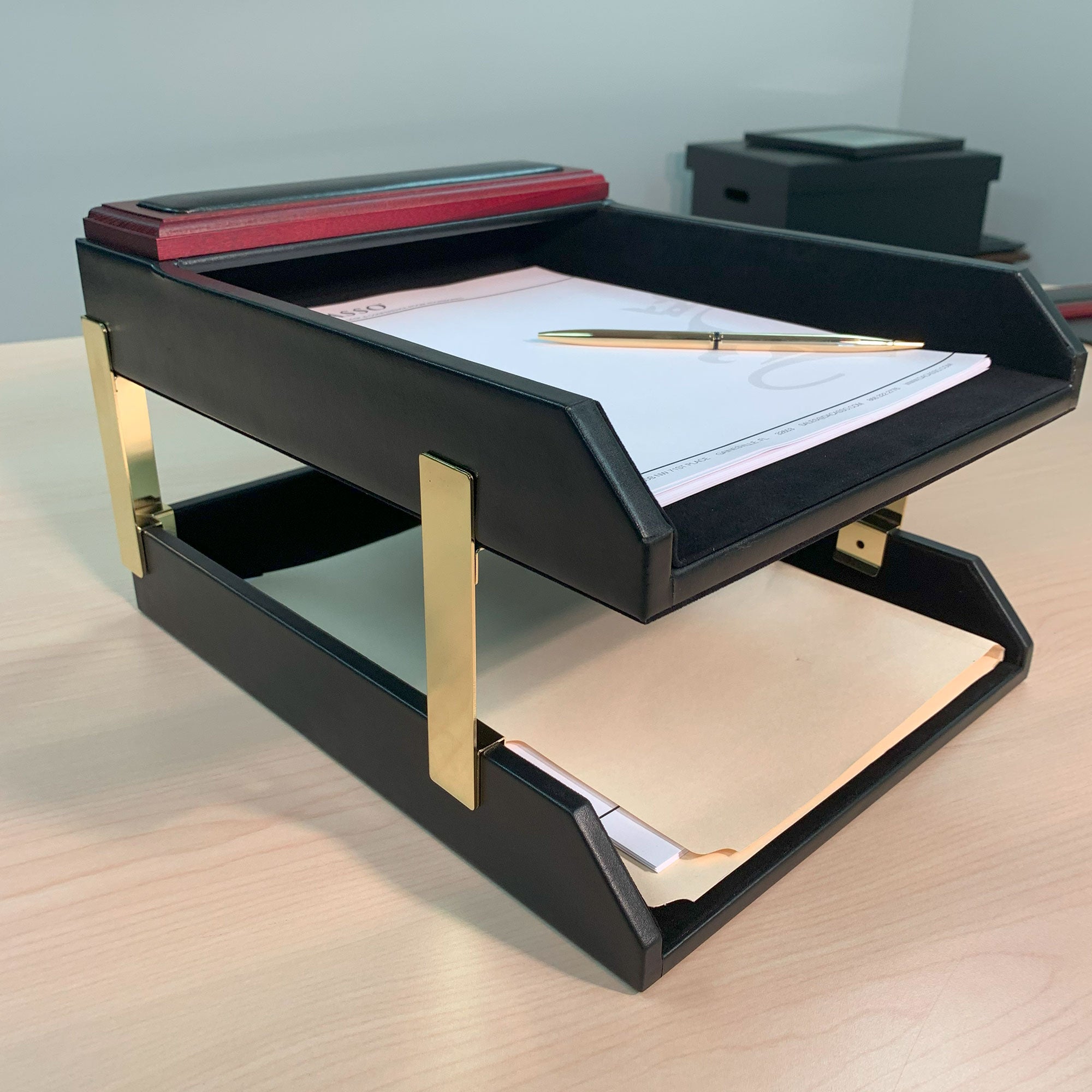 Mahogany (Rosewood) & Black Leather Double Letter Tray Stacking Set, Gold
