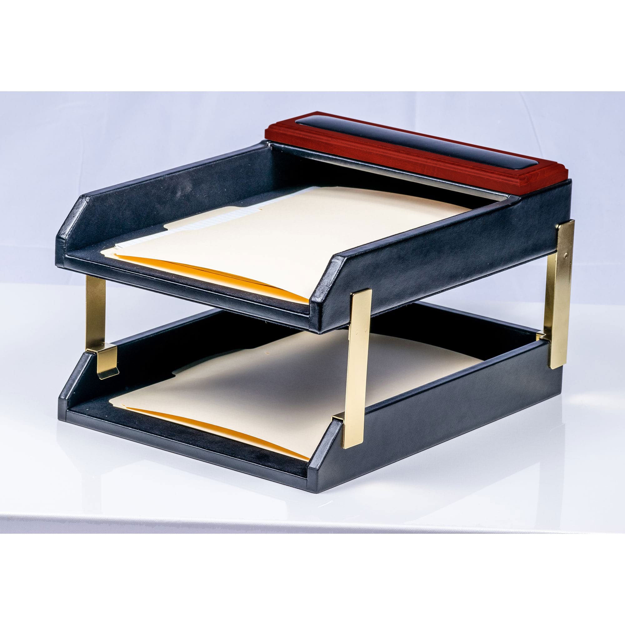 Mahogany (Rosewood) & Black Leather Double Letter Tray Stacking Set, Gold