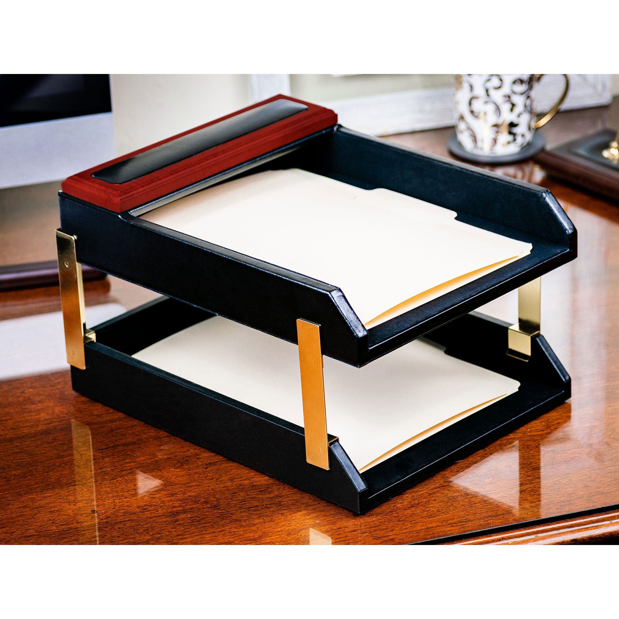 Mahogany (Rosewood) & Black Leather Double Letter Tray Stacking Set, Gold