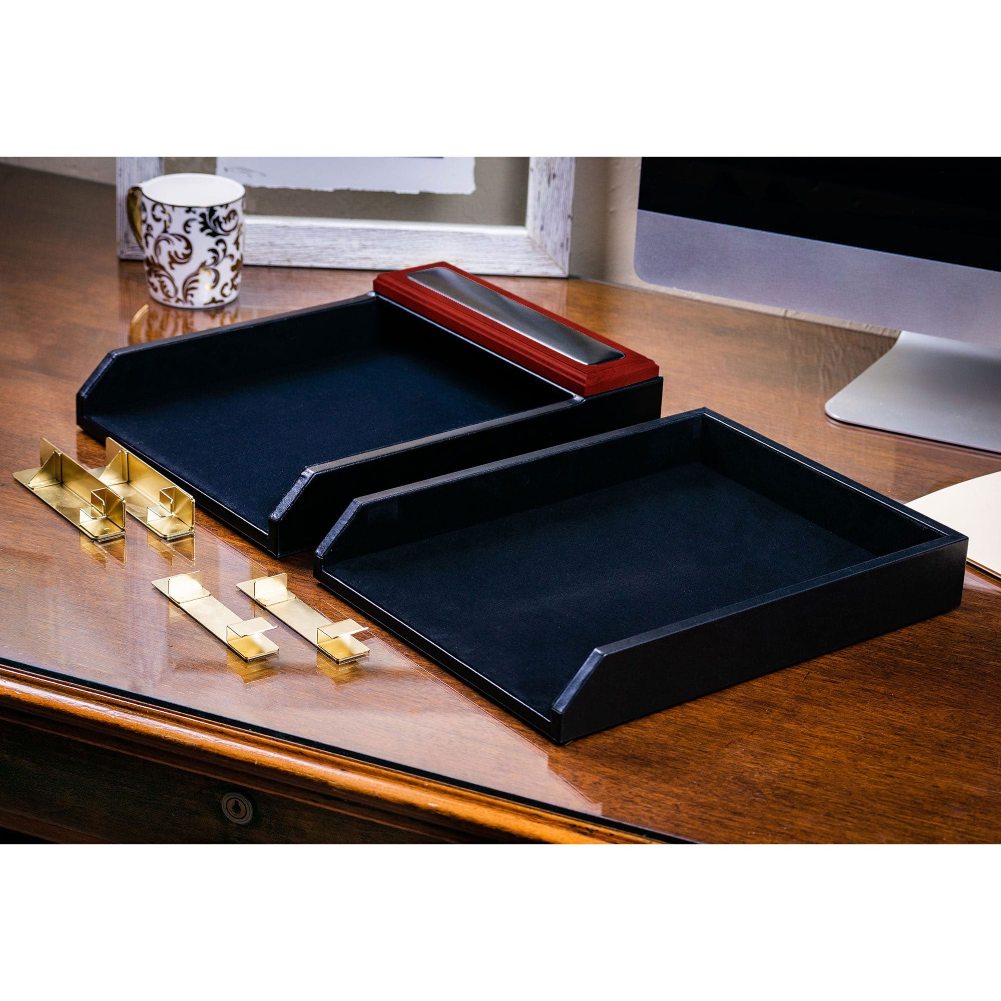 Mahogany (Rosewood) & Black Leather Double Letter Tray Stacking Set, Gold