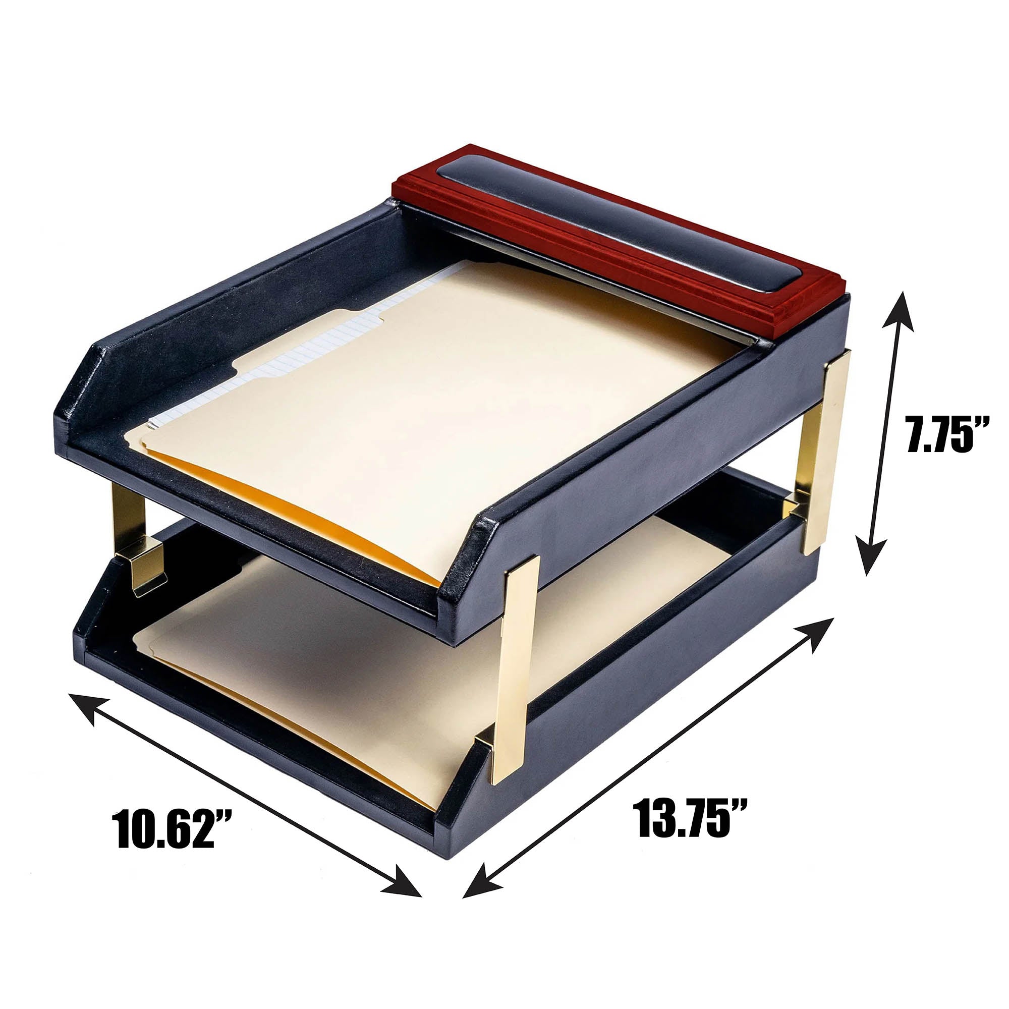 Mahogany (Rosewood) & Black Leather Double Letter Tray Stacking Set, Gold