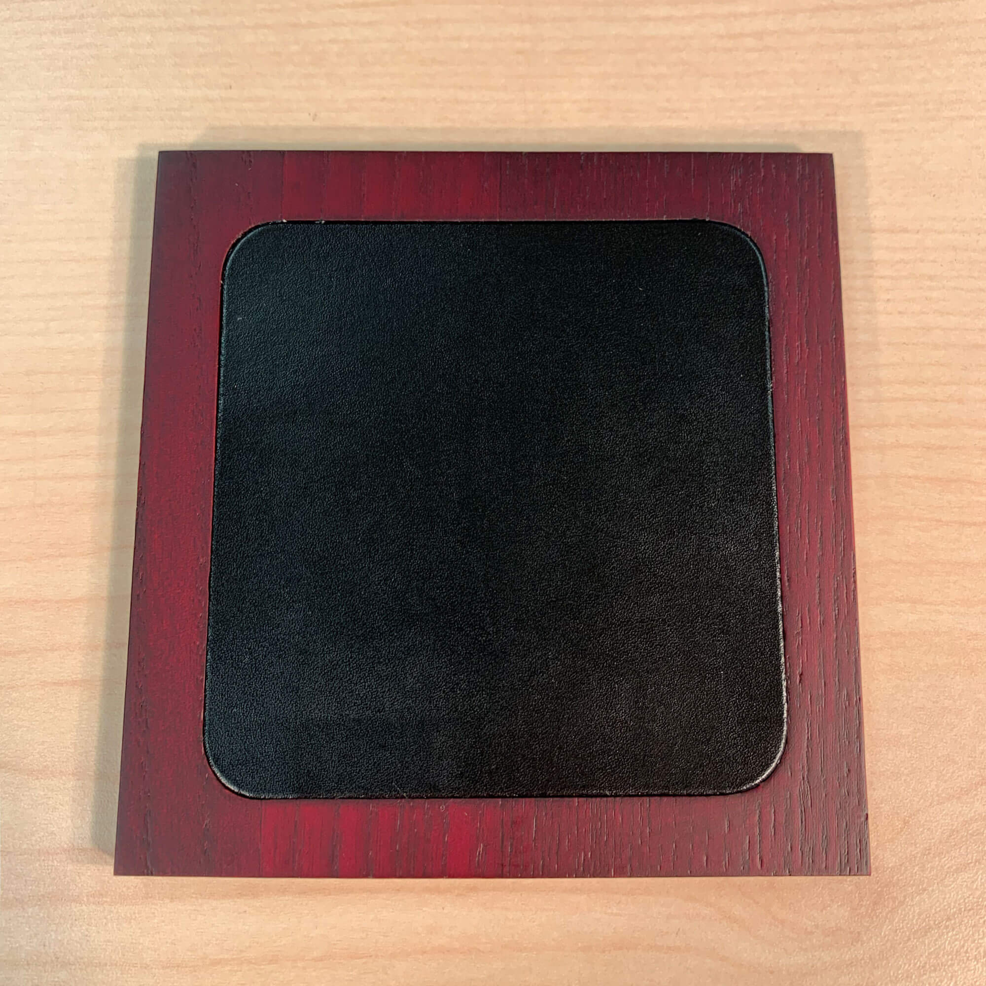 Mahogany (Rosewood) & Black Leather Square Coaster Set w/ Holder