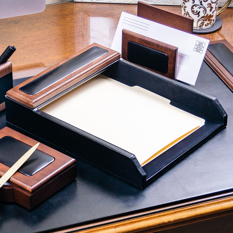 Walnut & Leather Letter Tray