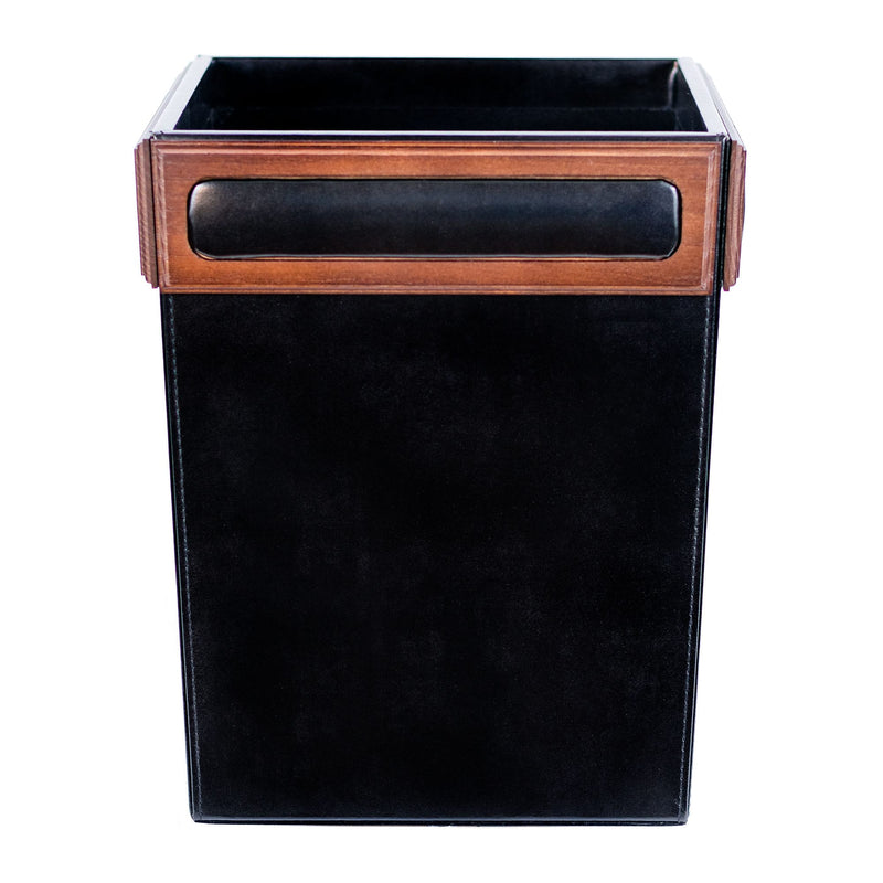 Walnut & Black Leather Waste Basket, 14 Qt