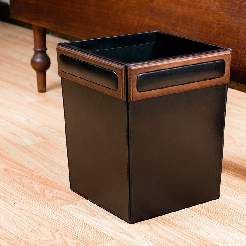 Walnut & Black Leather Waste Basket, 14 Qt