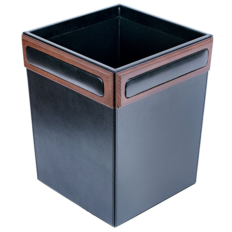 Walnut & Black Leather Waste Basket, 14 Qt