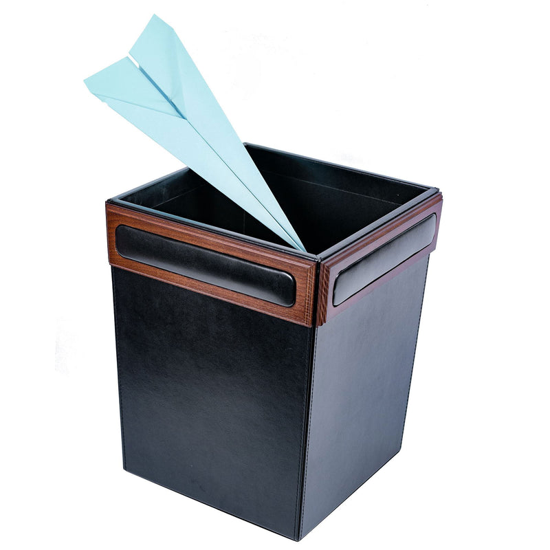 Walnut & Black Leather Waste Basket, 14 Qt