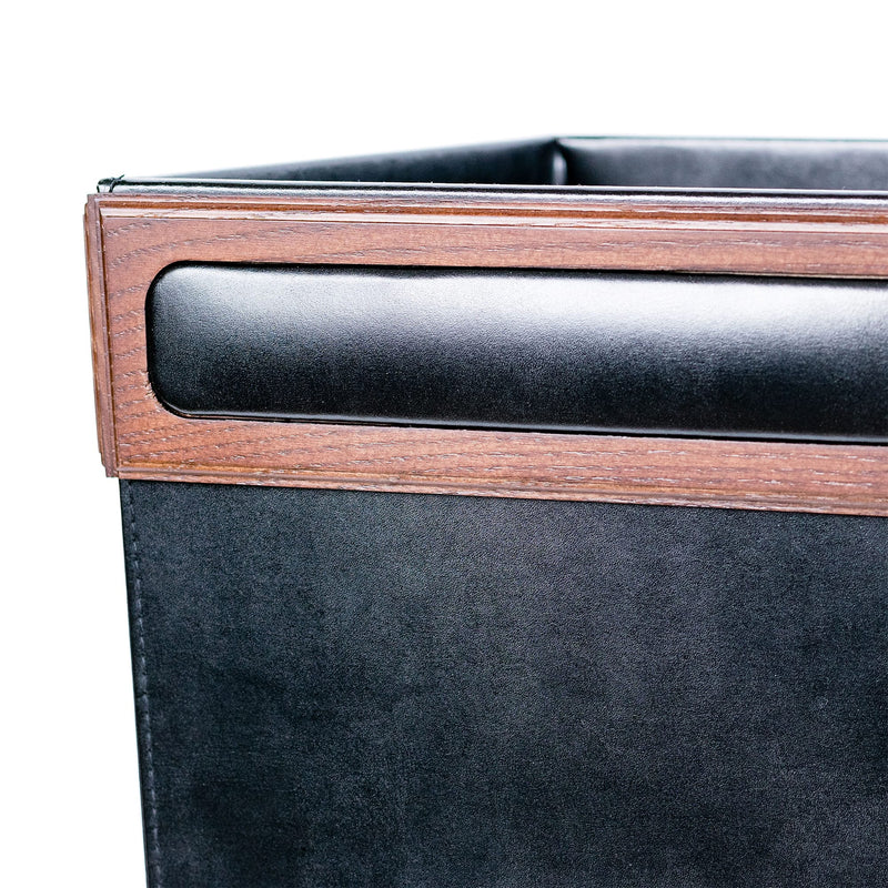 Walnut & Black Leather Waste Basket, 14 Qt