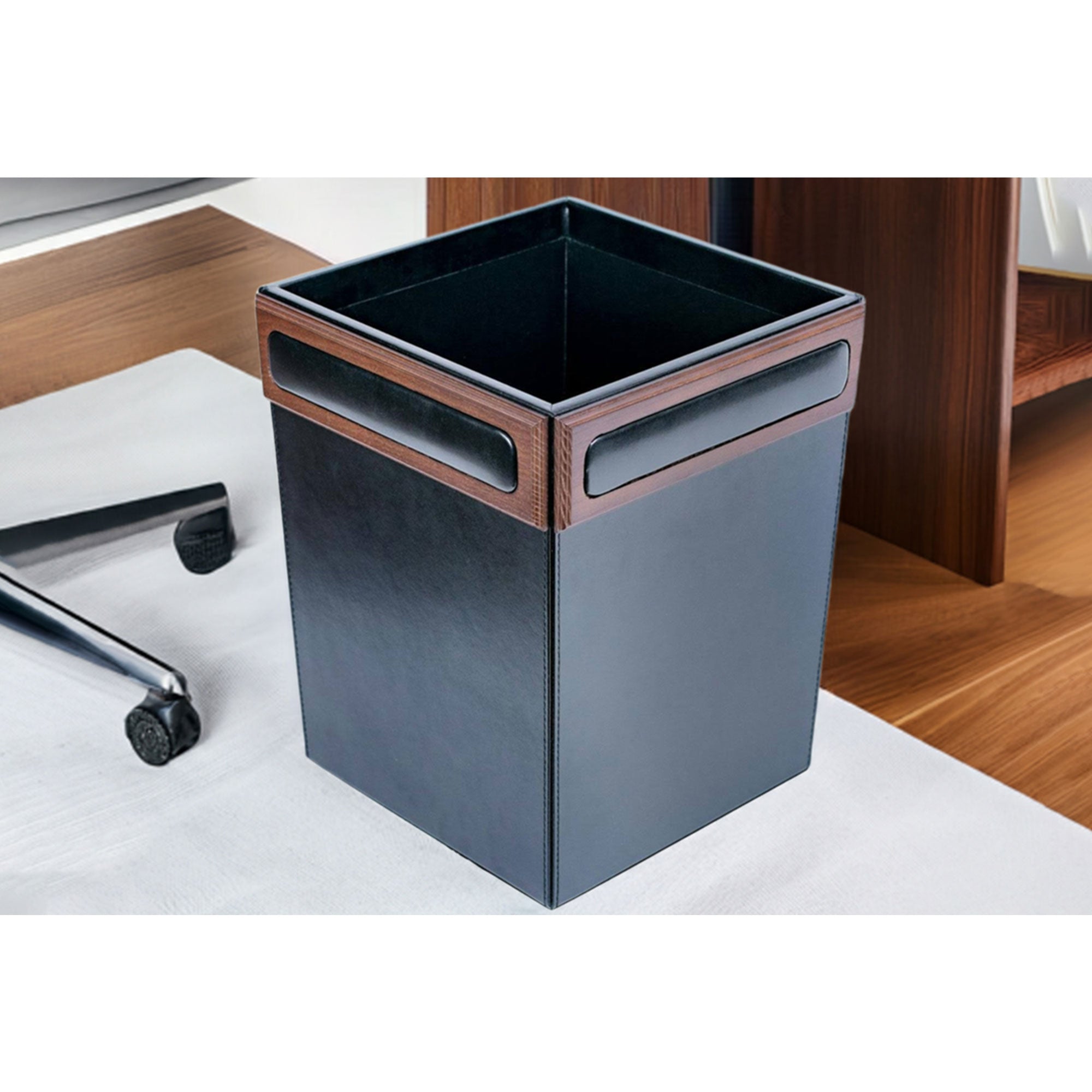 Walnut & Black Leather Waste Basket, 14 Qt