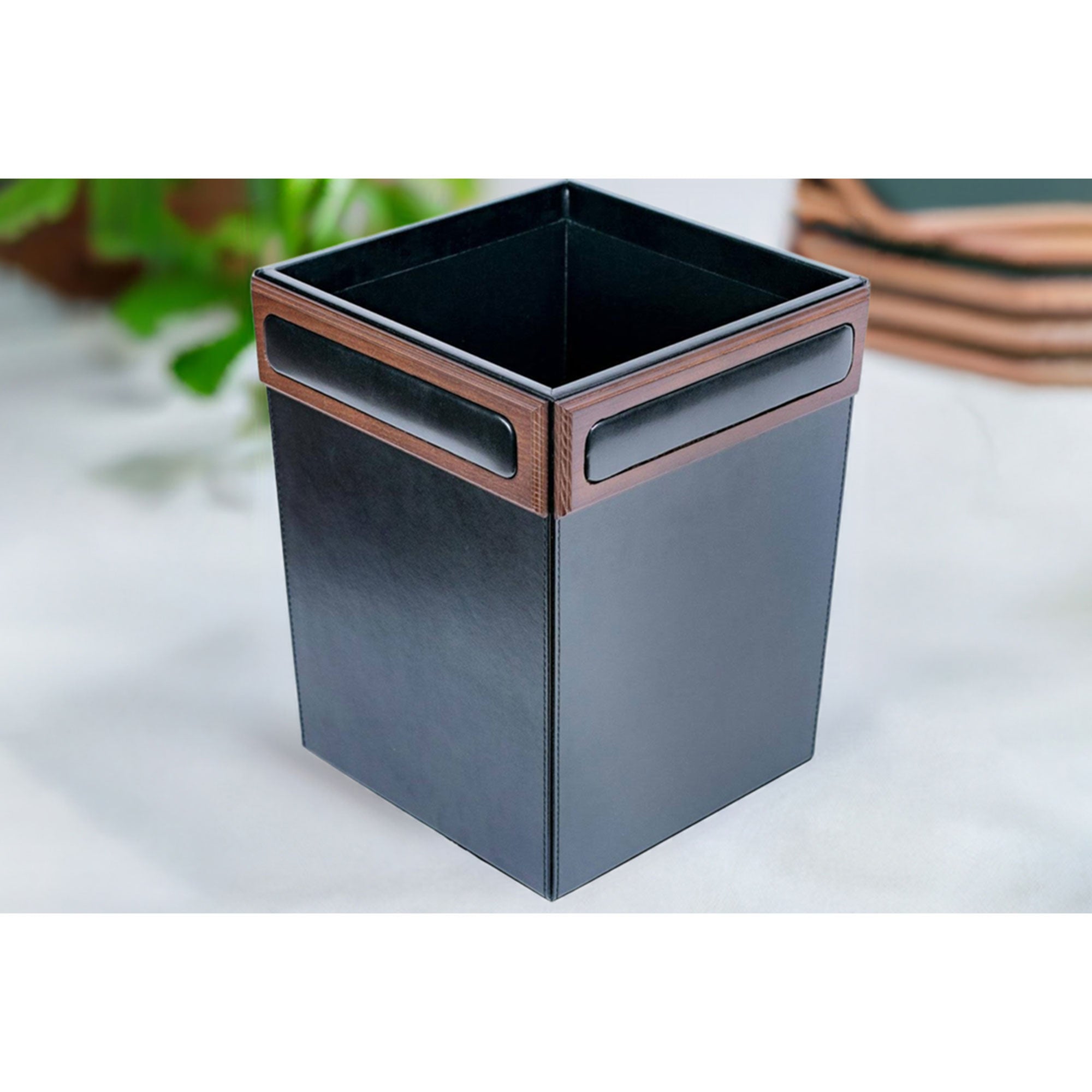 Walnut & Black Leather Waste Basket, 14 Qt