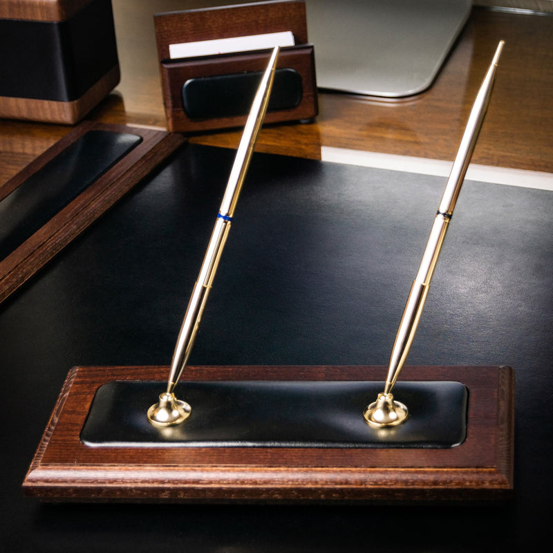 Walnut & Black Leather Double Pen Stand