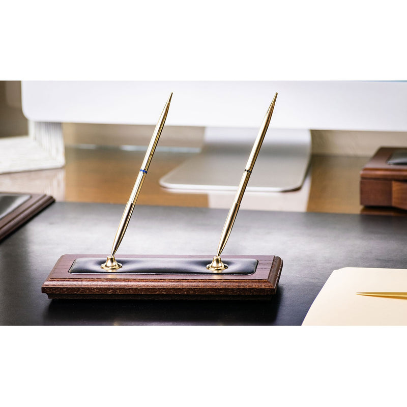 Walnut & Black Leather Double Pen Stand