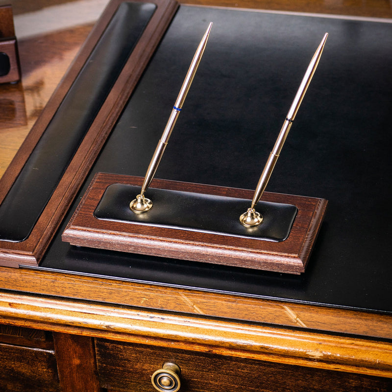 Walnut & Black Leather Double Pen Stand