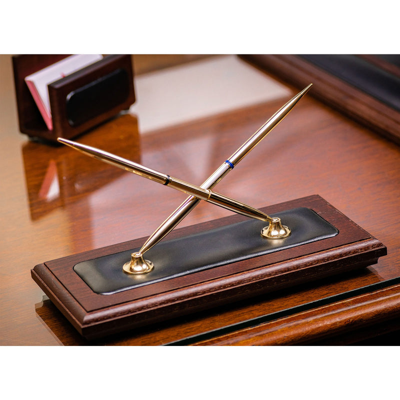 Walnut & Black Leather Double Pen Stand