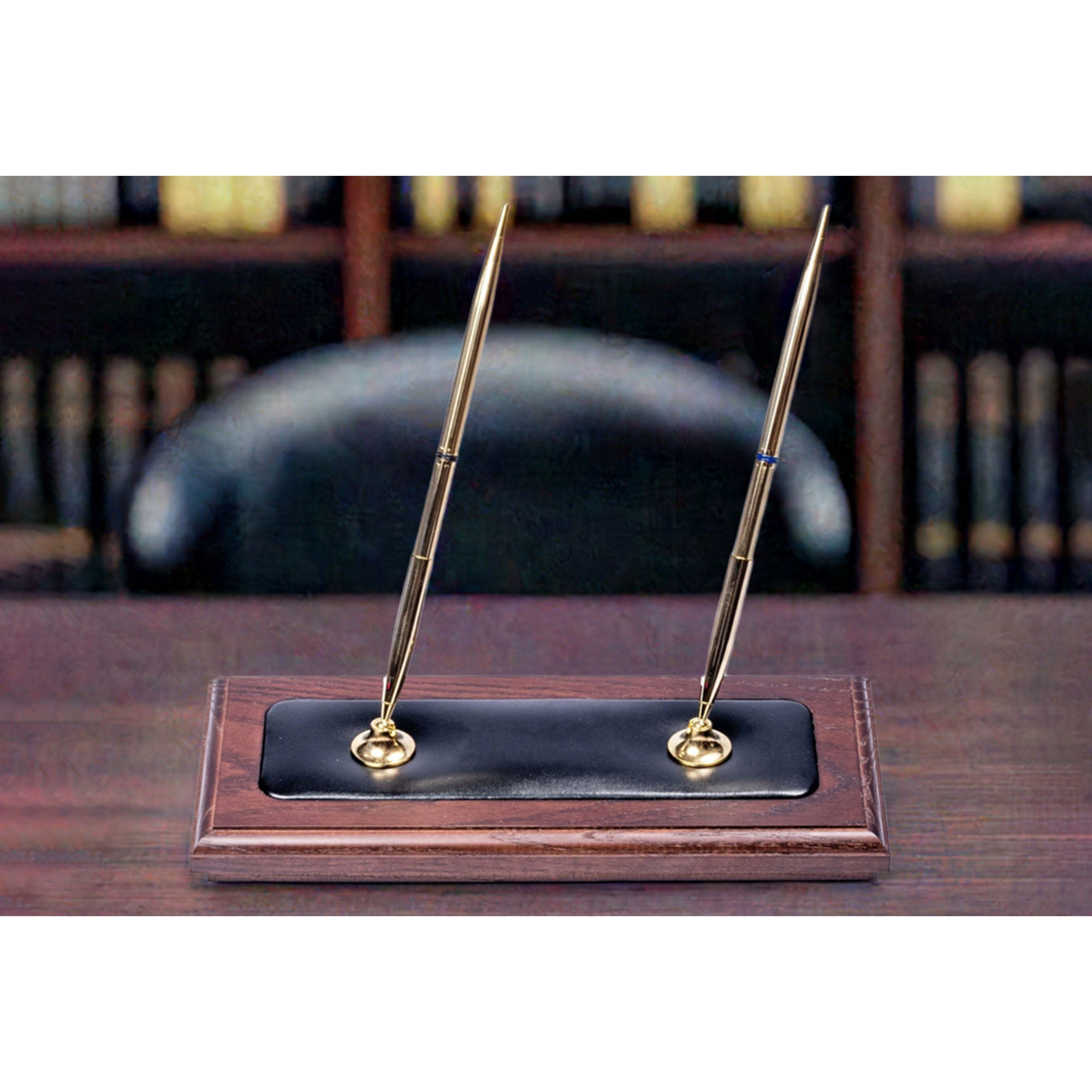 Walnut & Black Leather Double Pen Stand
