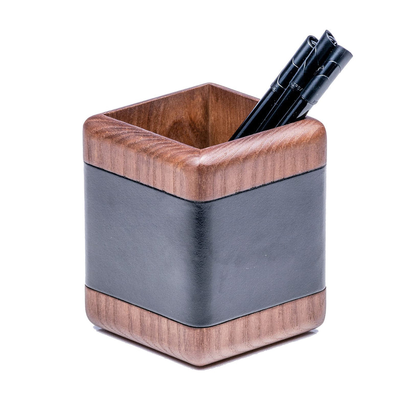 Walnut & Black Leather Pencil Cup