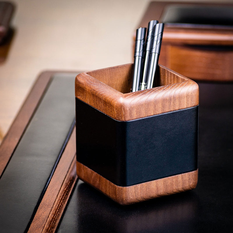 Walnut & Black Leather Pencil Cup