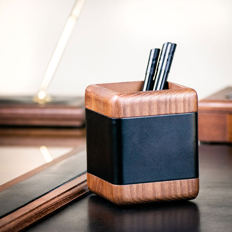 Walnut & Black Leather Pencil Cup