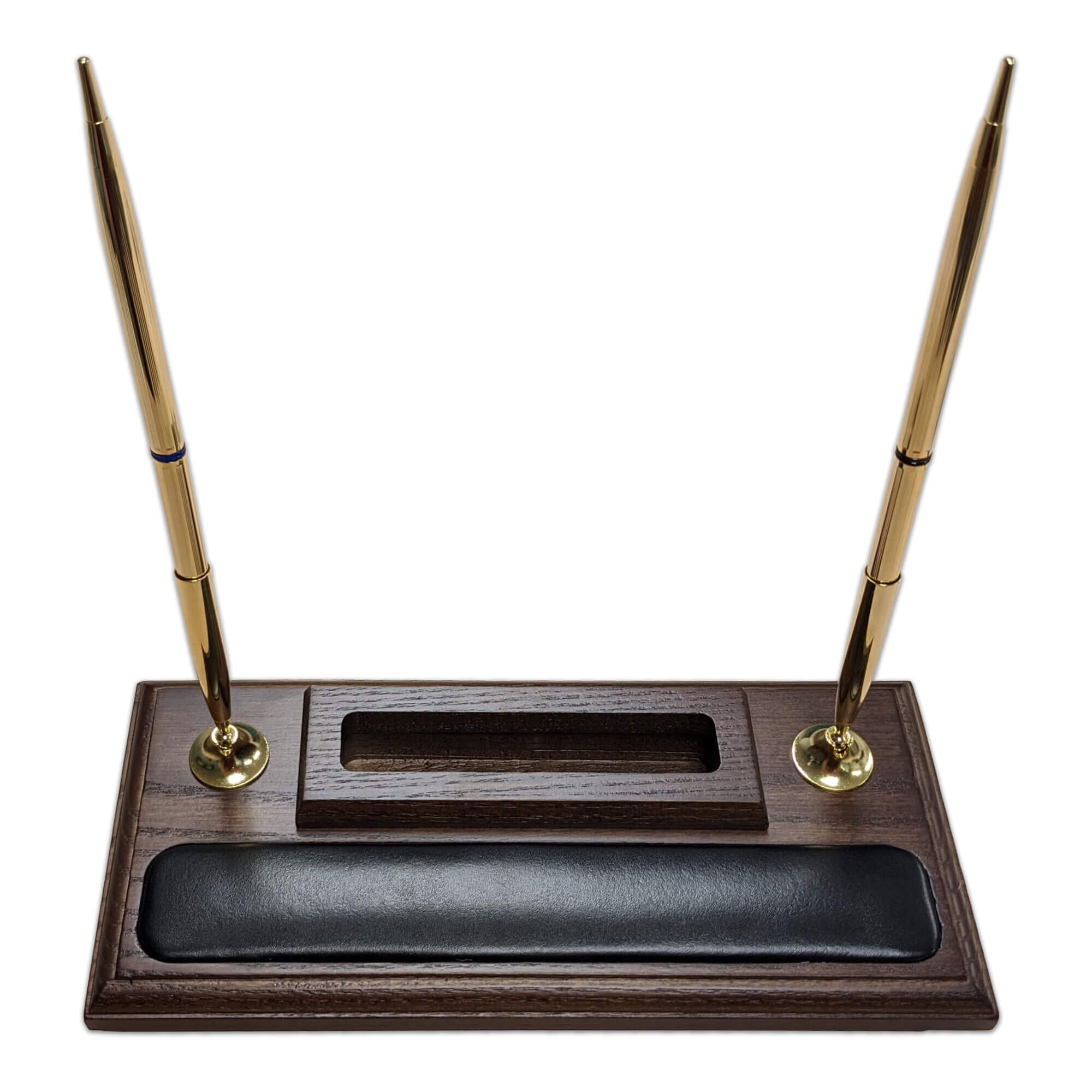 Walnut and Leather Double Pen Stand with Cell Phone Holder