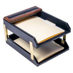 Walnut & Black Leather Letter Trays, Stacking Set, Gold