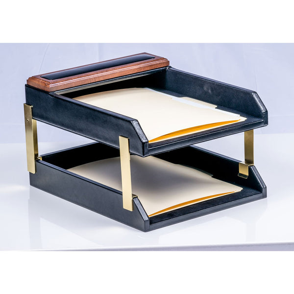 Walnut & Black Leather Letter Trays, Stacking Set, Gold