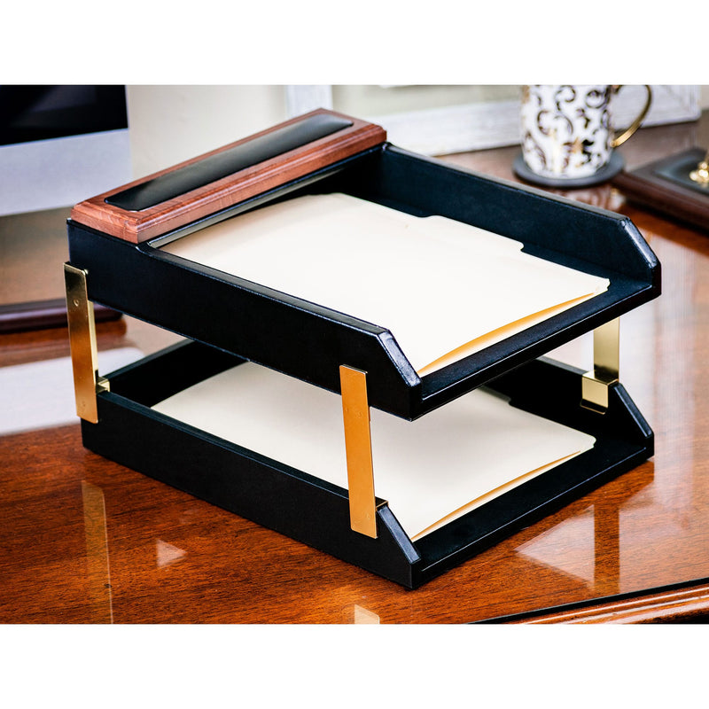 Walnut & Black Leather Letter Trays, Stacking Set, Gold