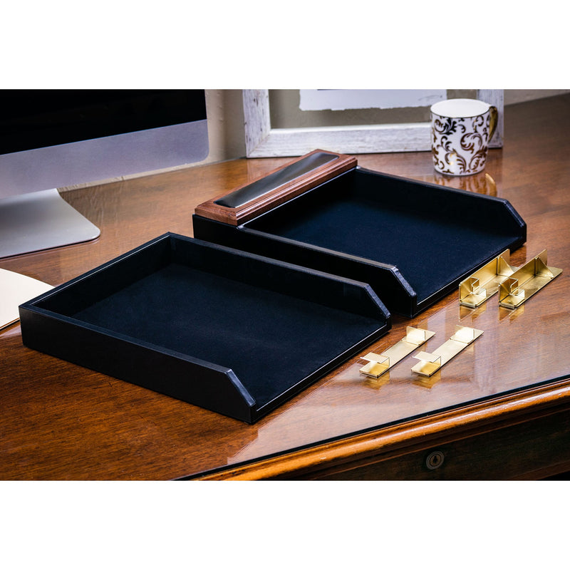 Walnut & Black Leather Letter Trays, Stacking Set, Gold