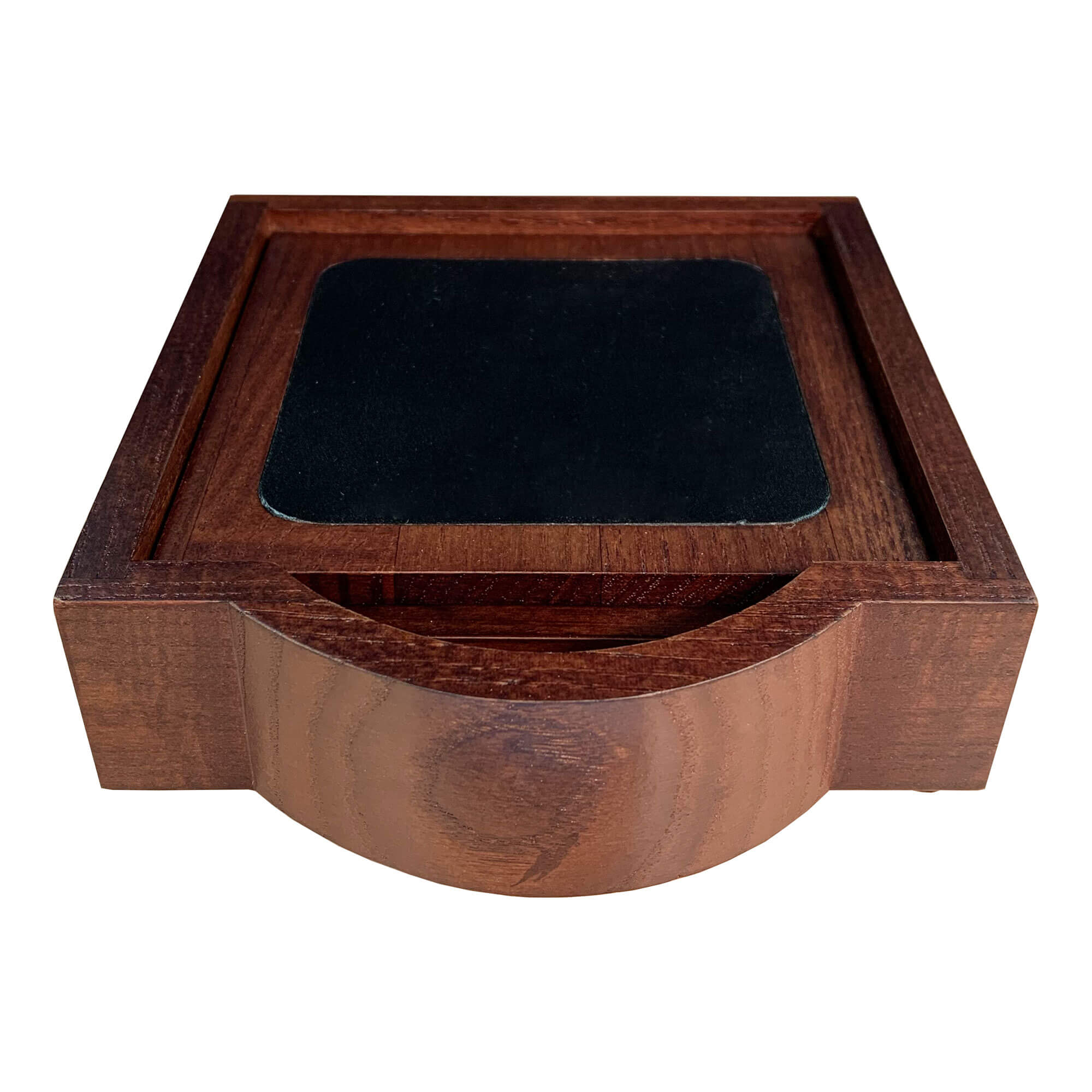 Walnut & Black Leather 4 Square Coaster Set w/ Holder