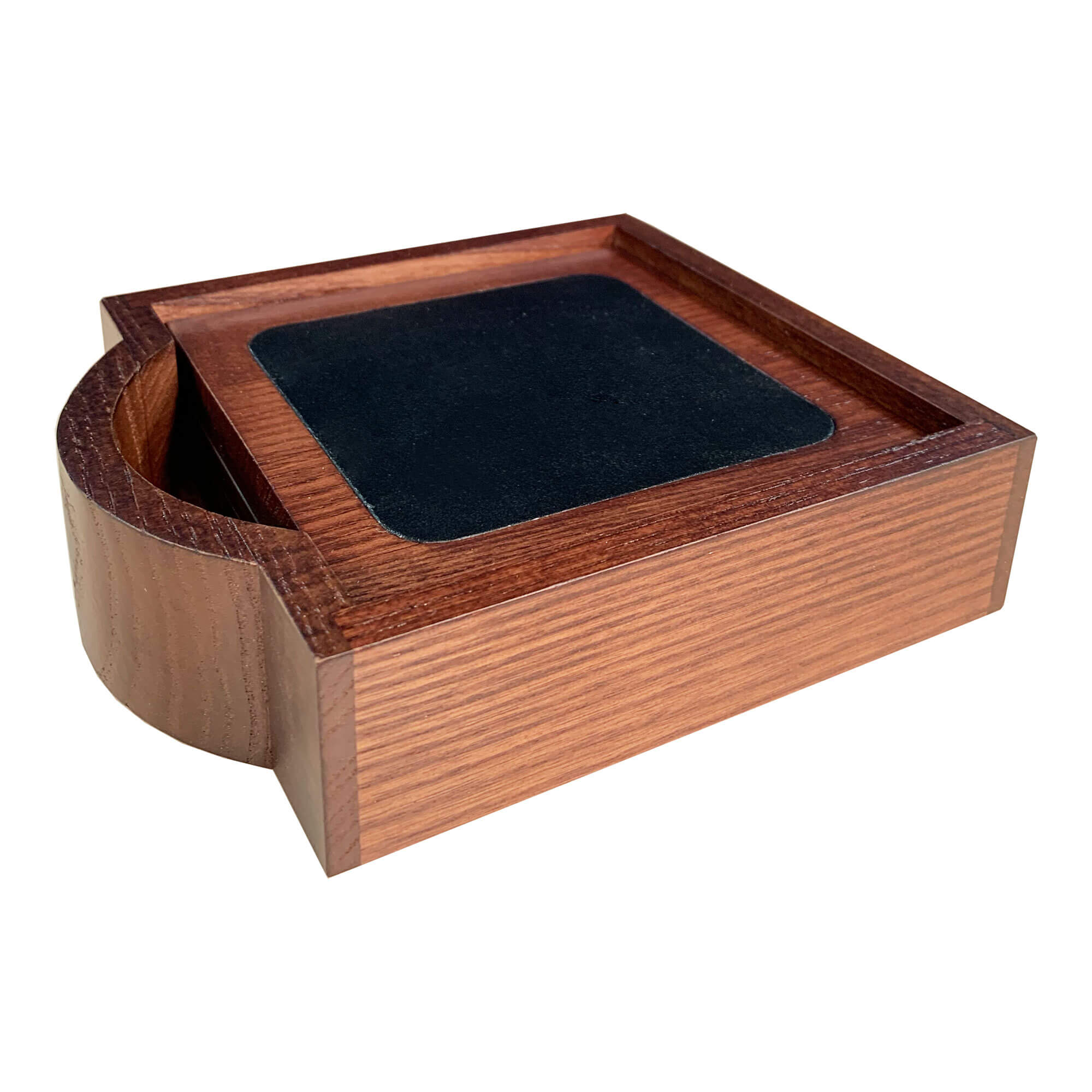 Walnut & Black Leather 4 Square Coaster Set w/ Holder