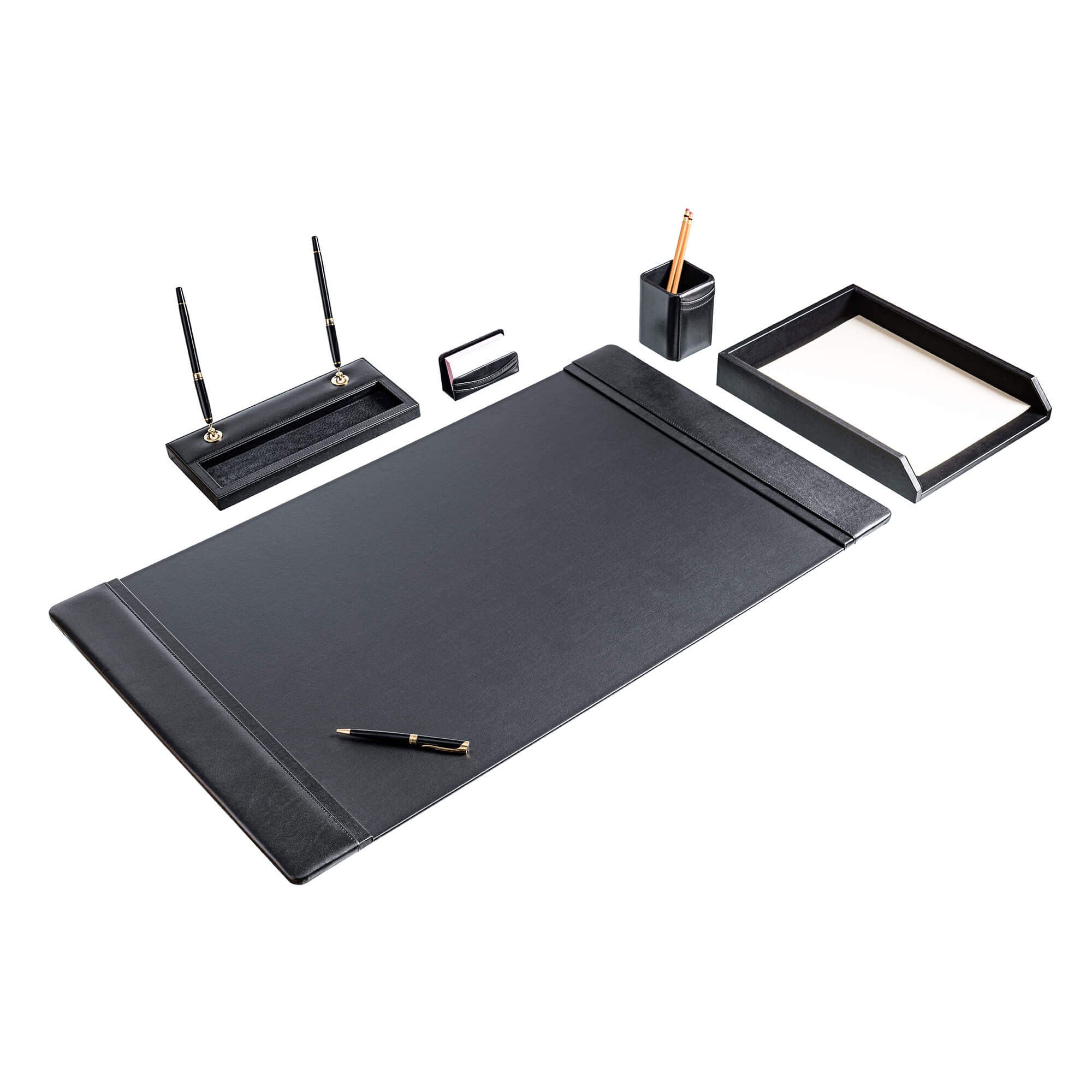 Classic Black Leather 5-Piece Desk Set, Gold Accent