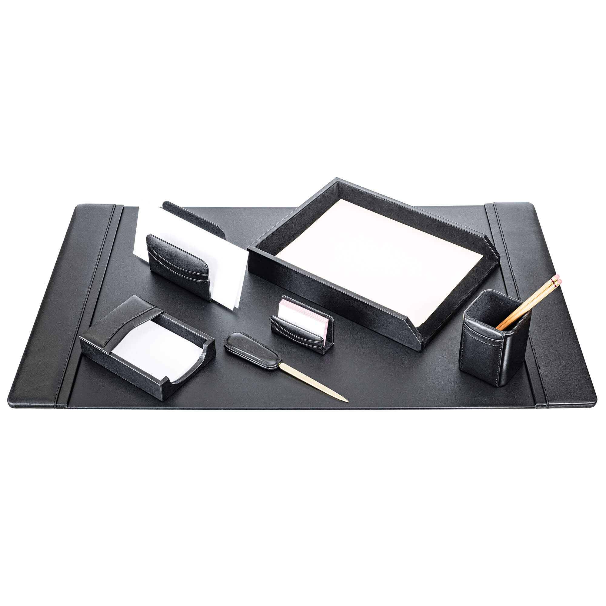 Classic Black Leather 7-Piece Desk Set, Gold Accent