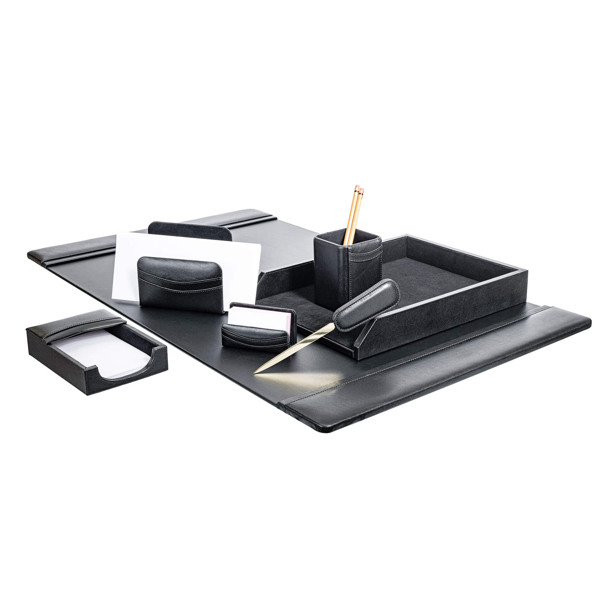 Classic Black Leather 7-Piece Desk Set, Gold Accent