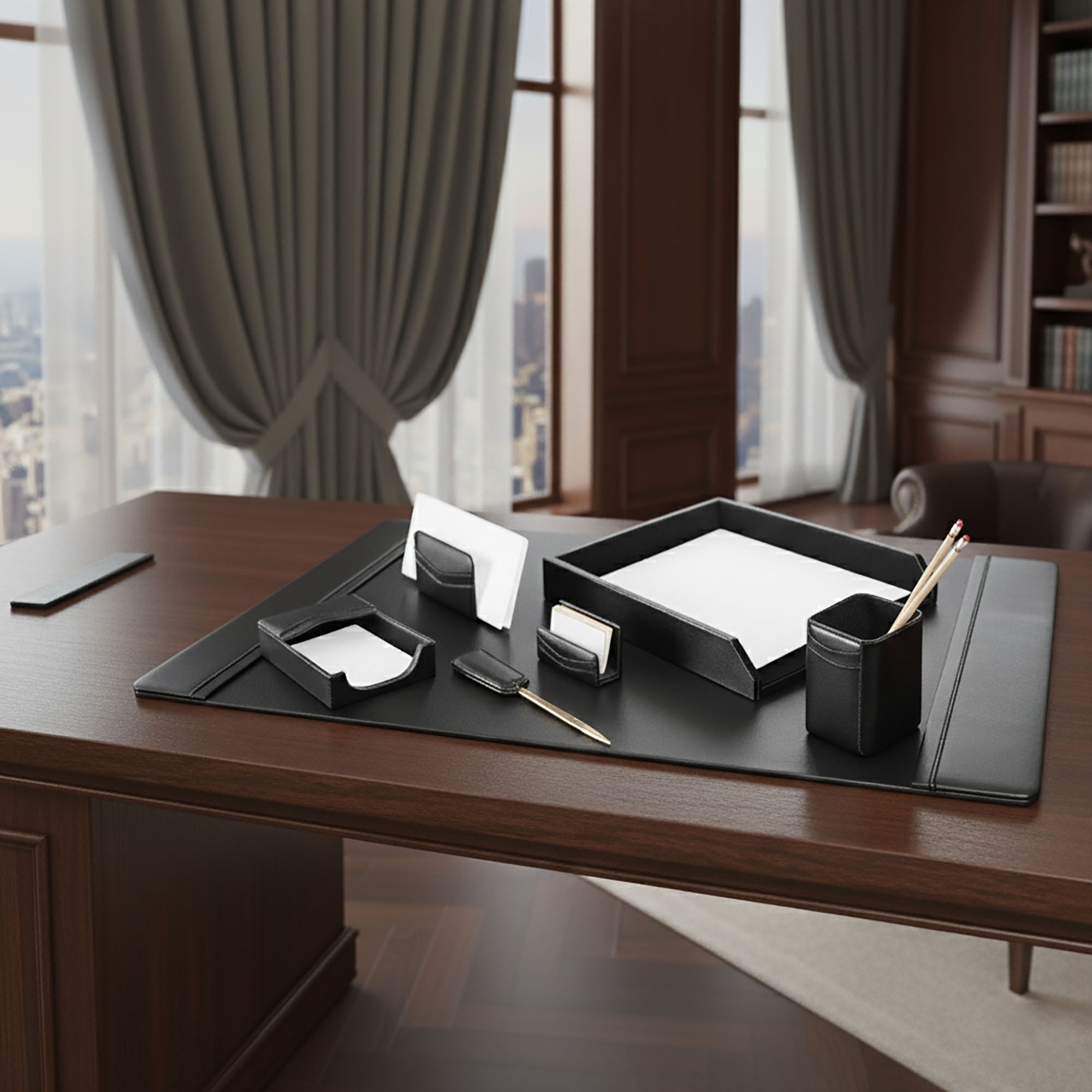 Classic Black Leather 7-Piece Desk Set, Gold Accent