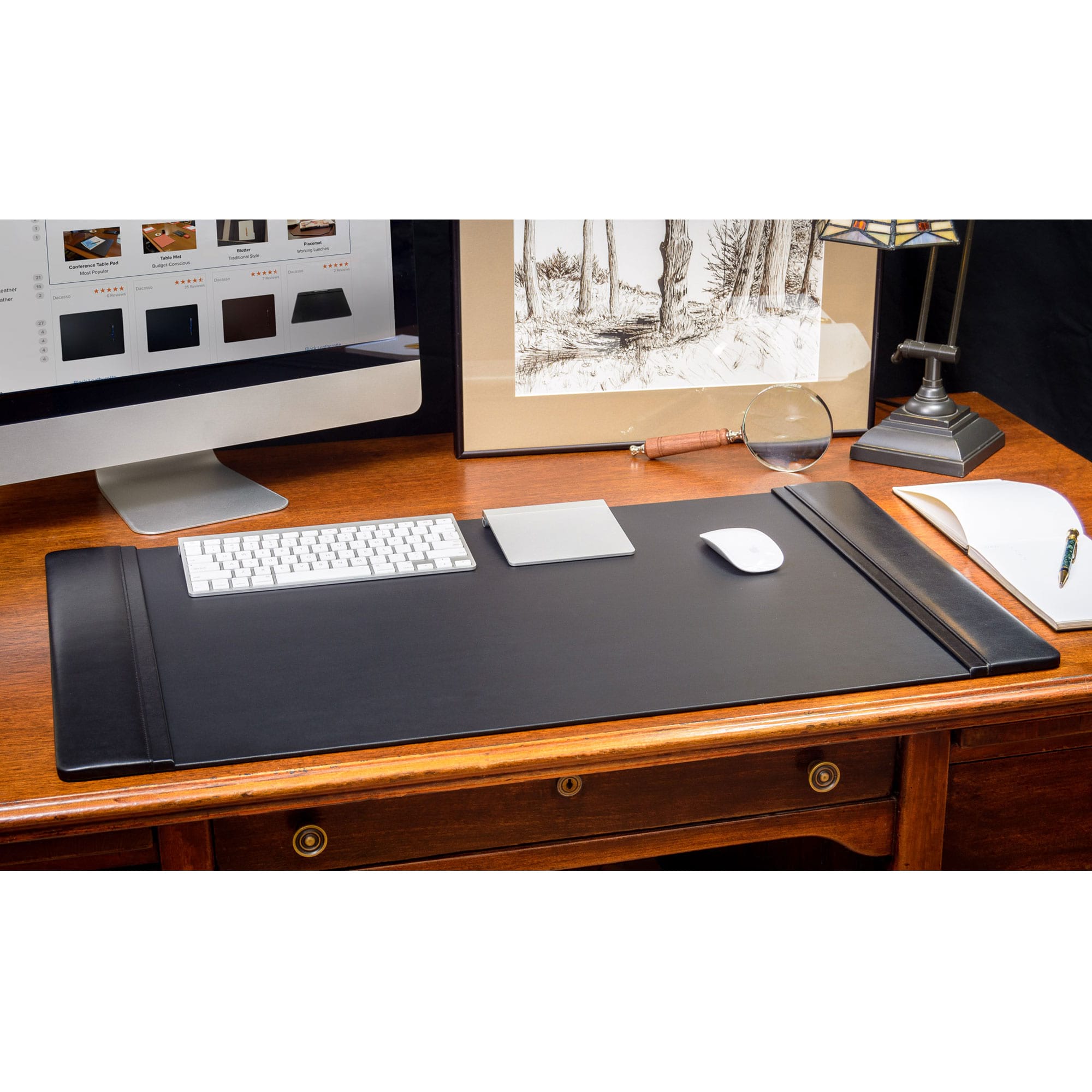 Classic Black Leather 7-Piece Desk Set, Gold Accent