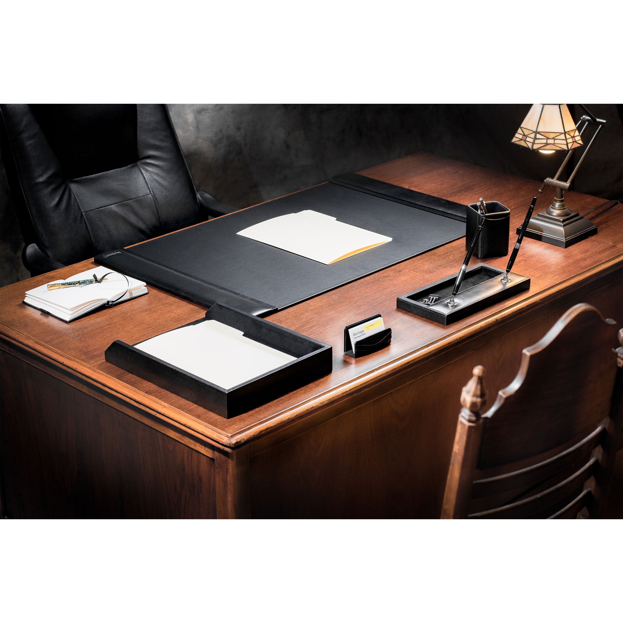 Classic Black Leather 5-Piece Desk Set, Silver Accent