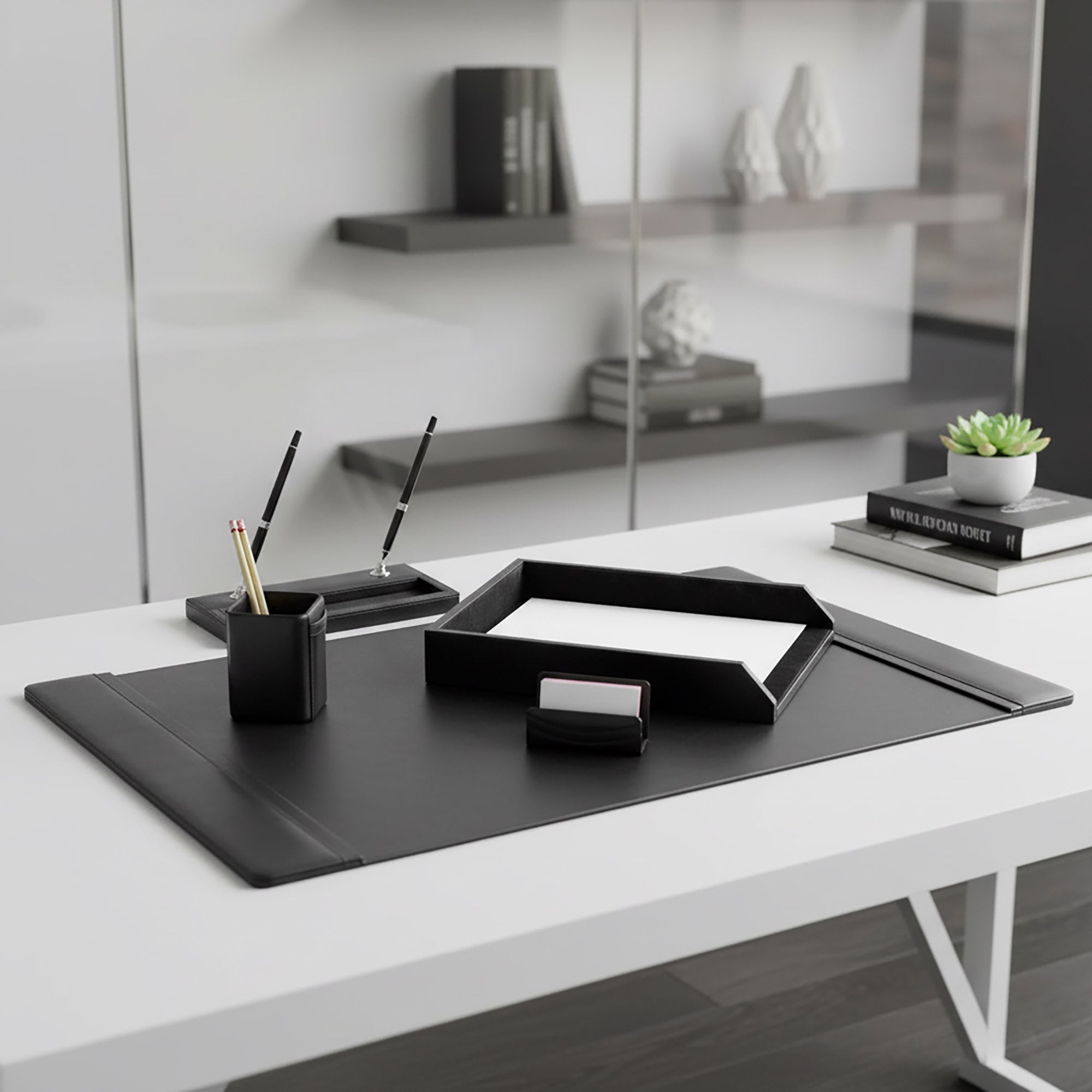 Classic Black Leather 5-Piece Desk Set, Silver Accent
