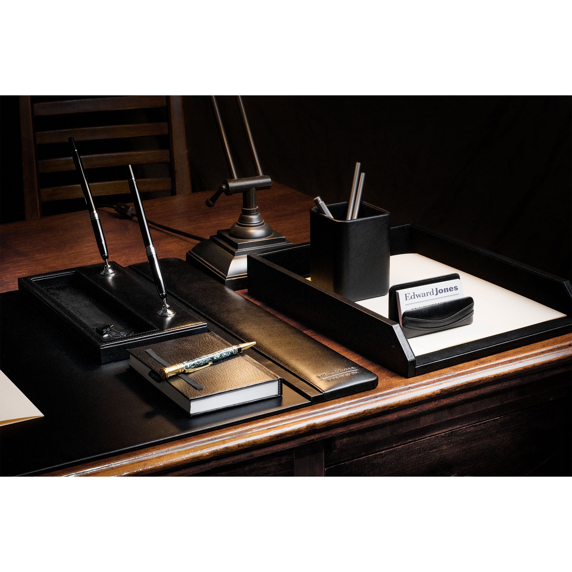 Classic Black Leather 5-Piece Desk Set, Silver Accent