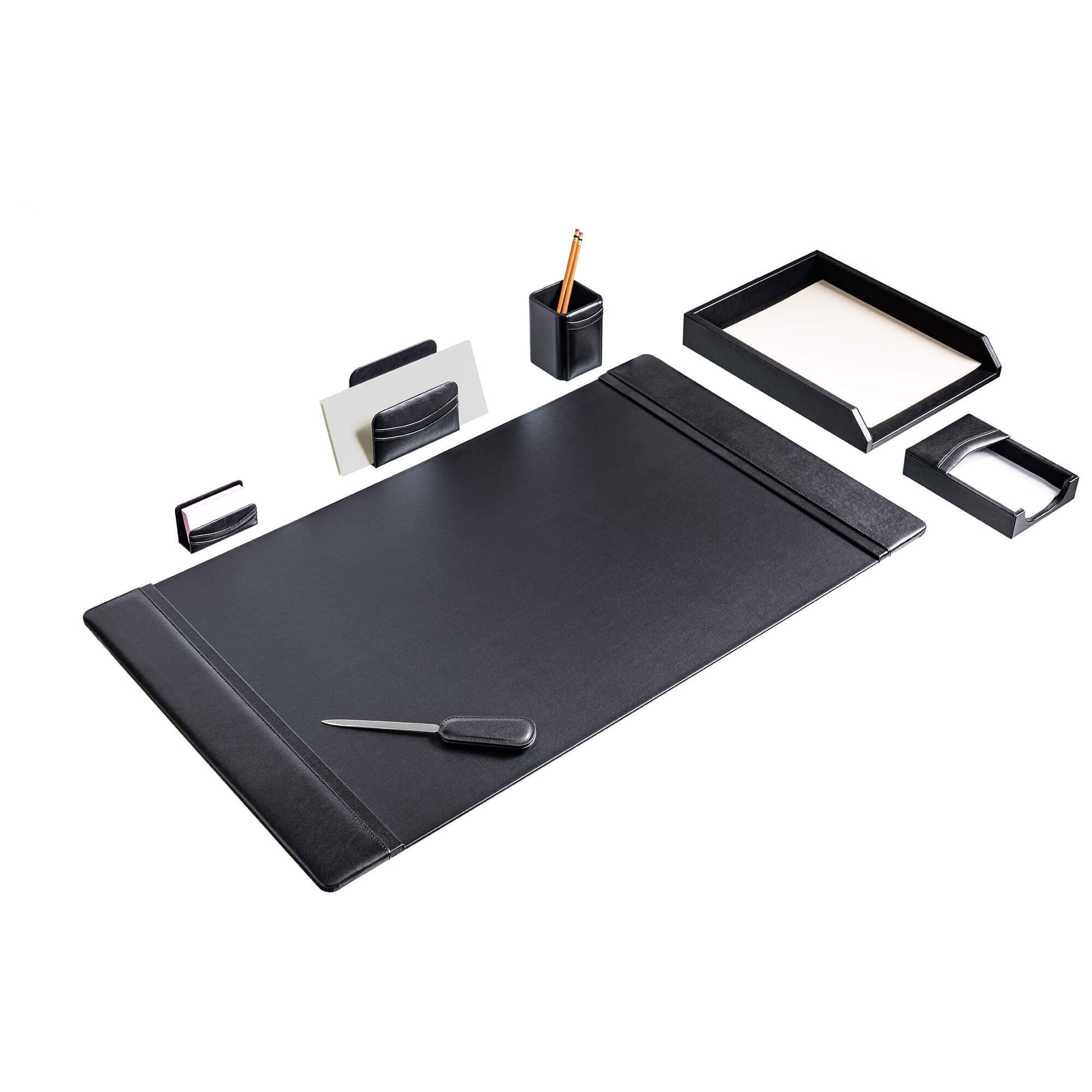 Classic Black Leather 7-Piece Desk Set, Silver Accent