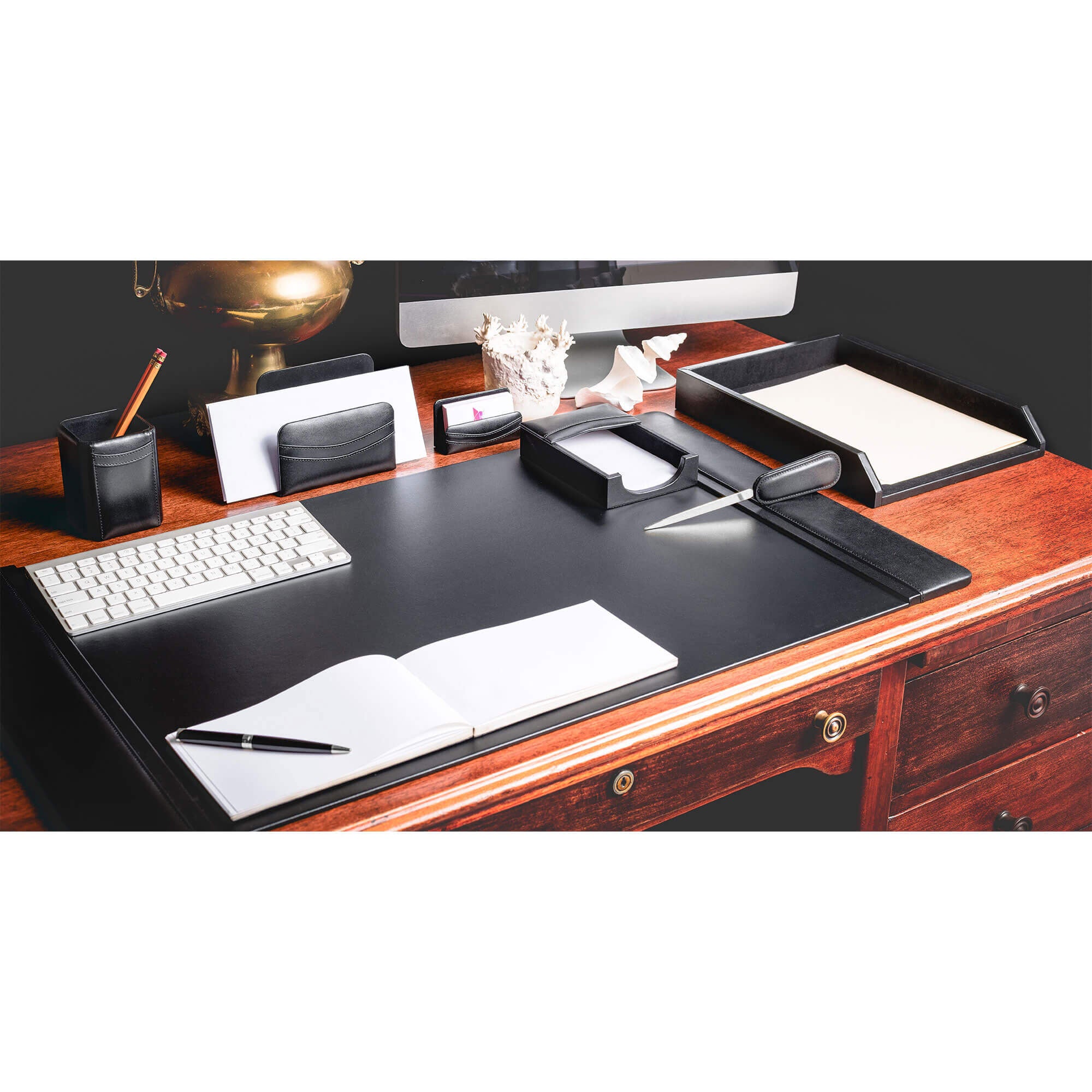 Classic Black Leather 7-Piece Desk Set, Silver Accent