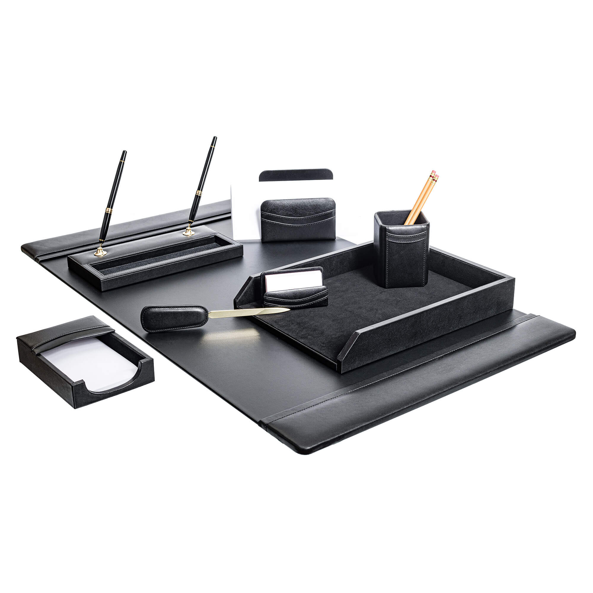 Classic Black Leather 8-Piece Desk Set, Gold Accent