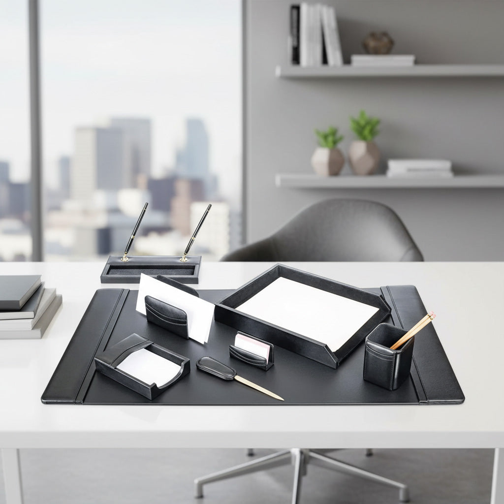 Classic Black Leather 8-Piece Desk Set, Gold Accent