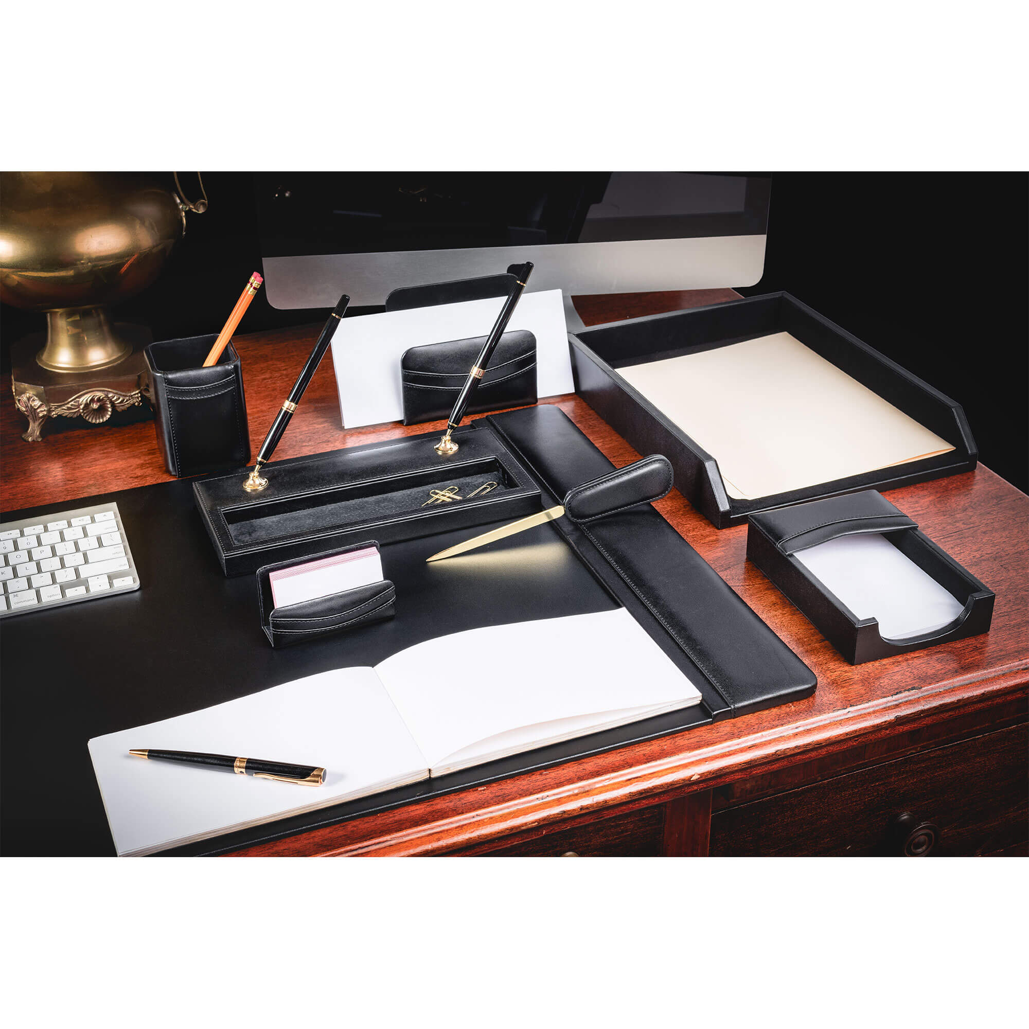 Classic Black Leather 8-Piece Desk Set, Gold Accent
