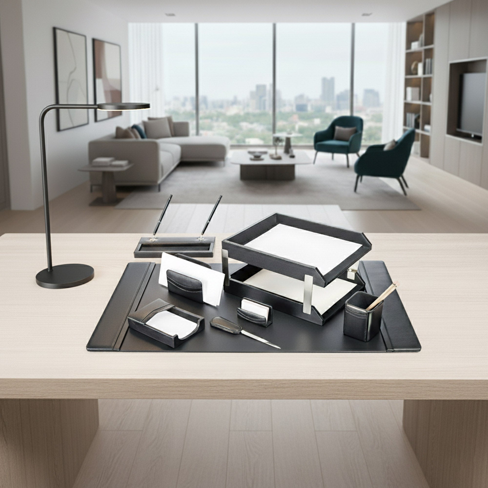 Classic Black Leather 10-Piece Desk Set, Silver Accent