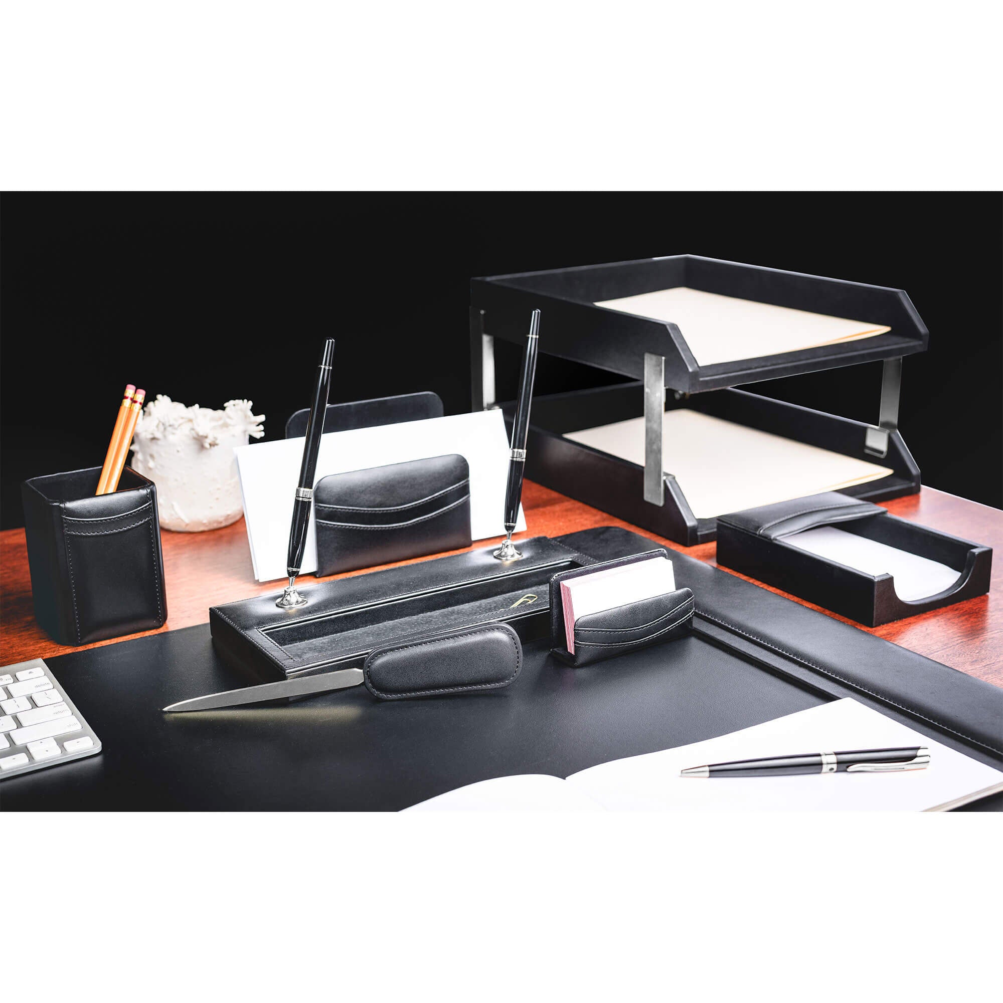 Classic Black Leather 10-Piece Desk Set, Silver Accent