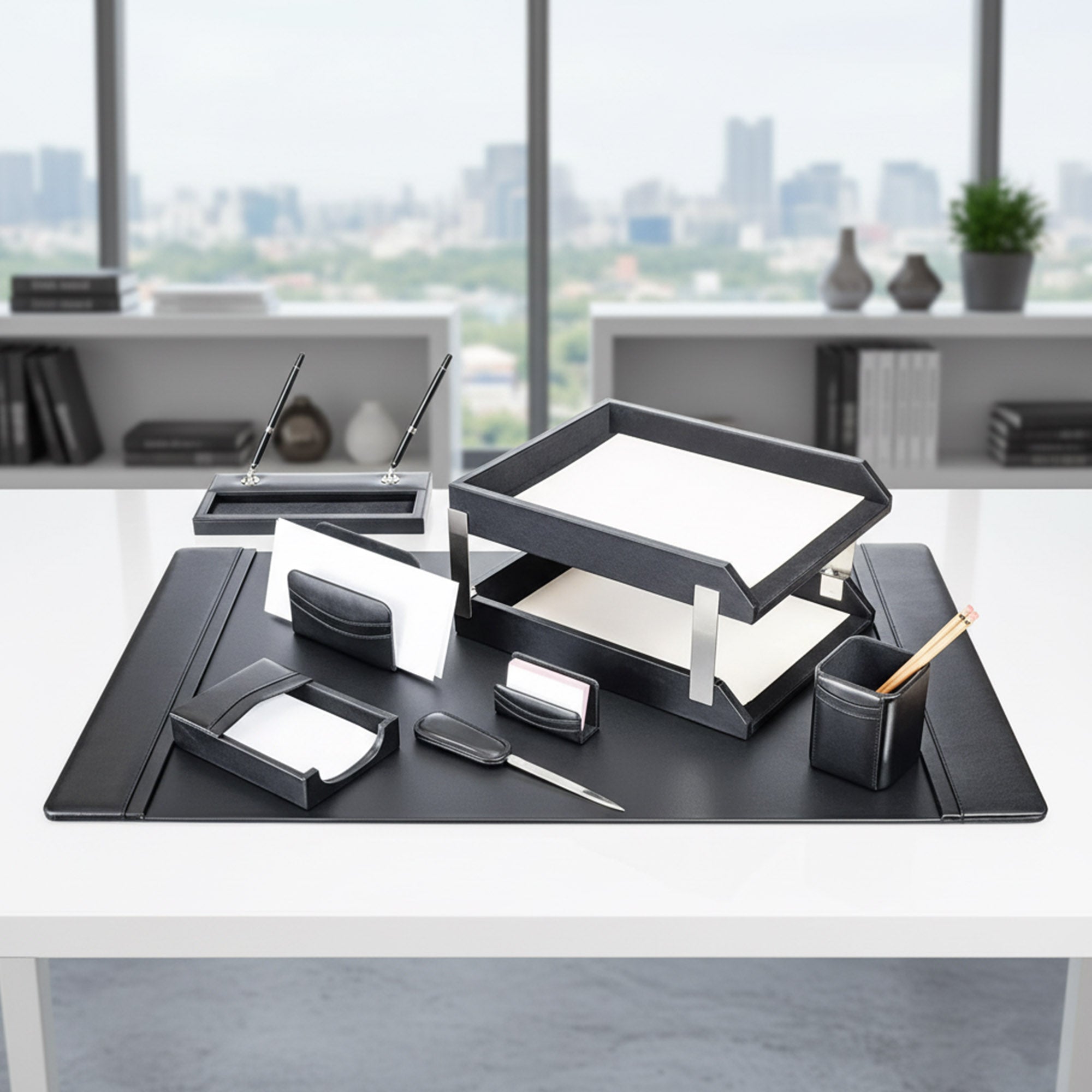 Classic Black Leather 10-Piece Desk Set, Silver Accent