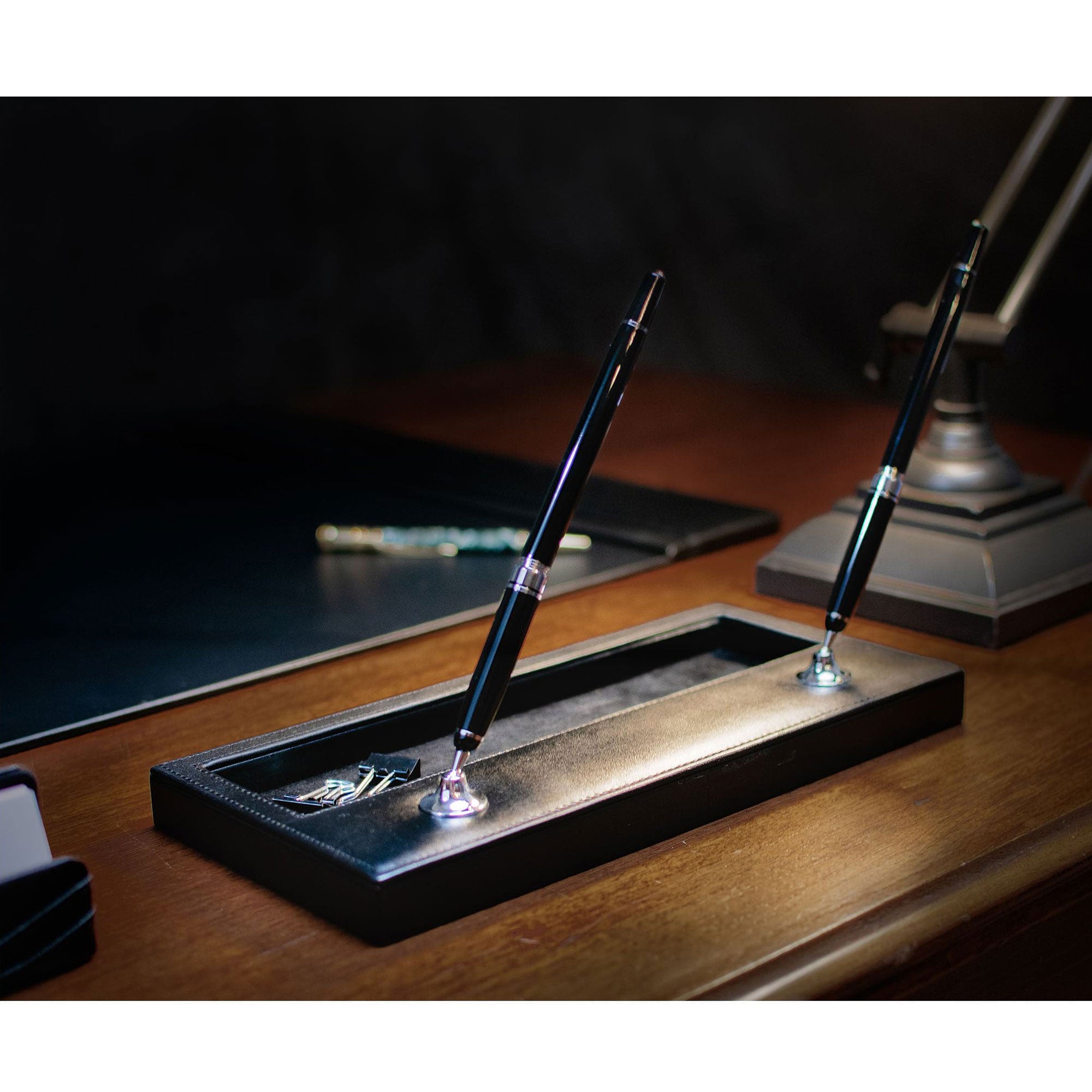 Classic Black Leather 10-Piece Desk Set, Silver Accent