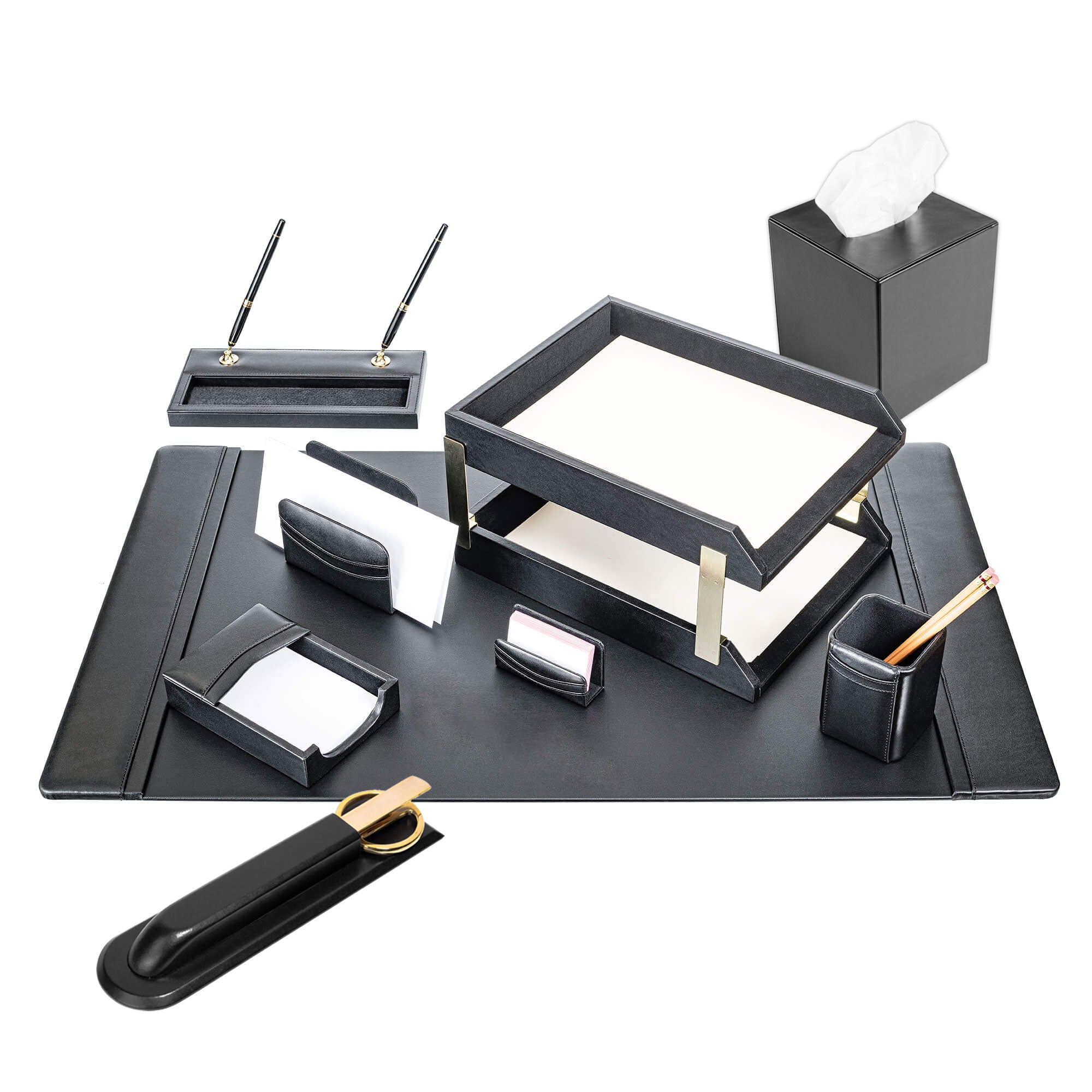 Black Leather 11-Piece Desk Set, Gold Accent
