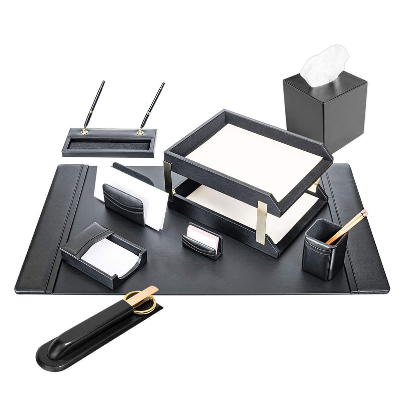 Black Leather 11-Piece Desk Set, Gold Accent